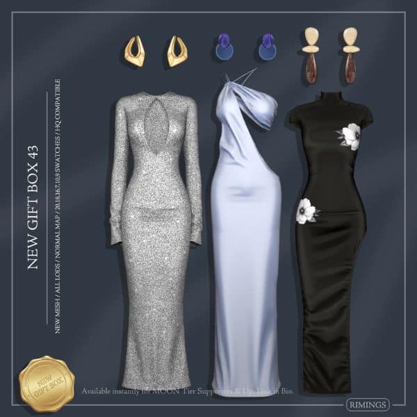 collage of three gown and matching earrings