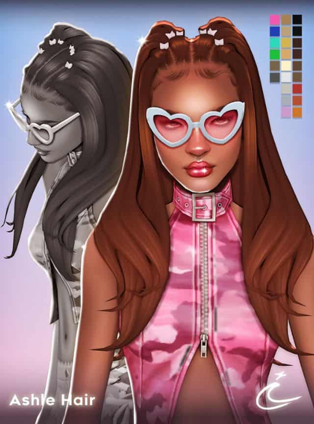 Female Sim with long hair with sections gathered at the top by small butterfly clips
