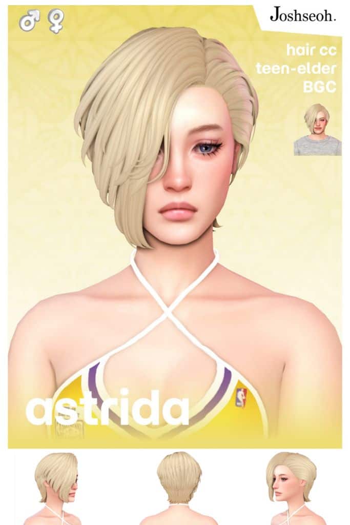 female Sim with a short, asymmetrical hairstyle with a deep side part