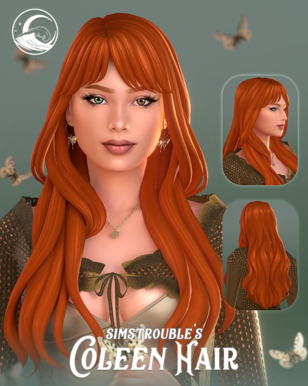 redhead female Sim with long wavy hair and bangs