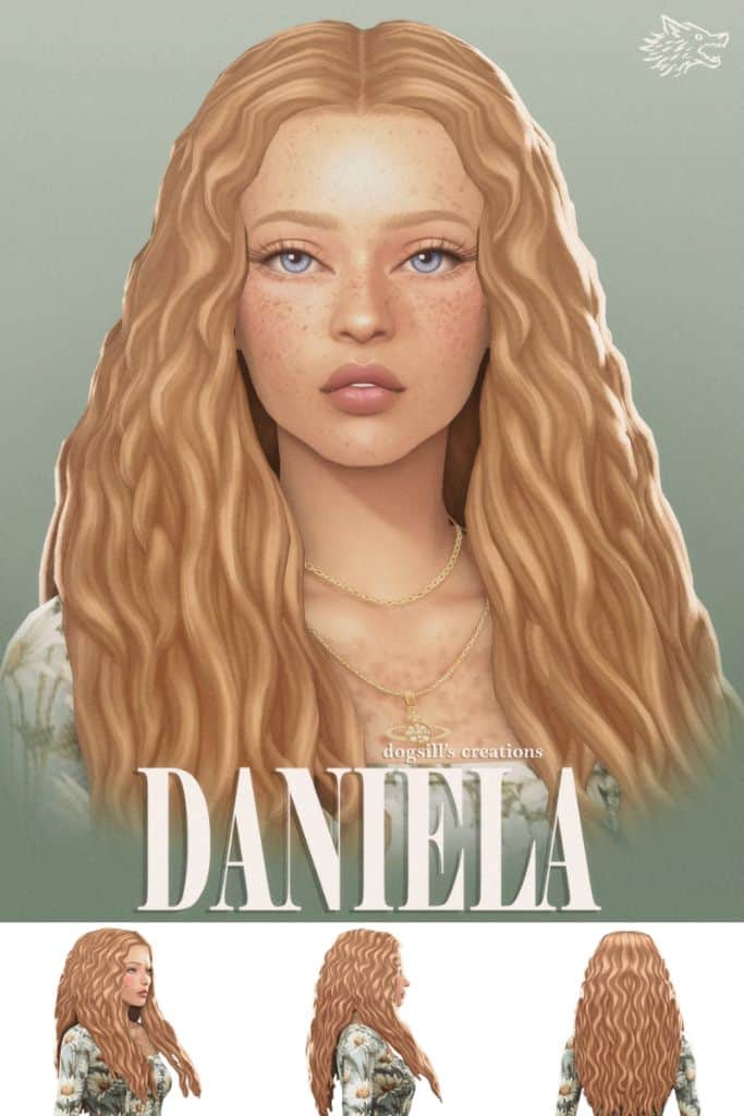 blonde female Sim with long wavy hair