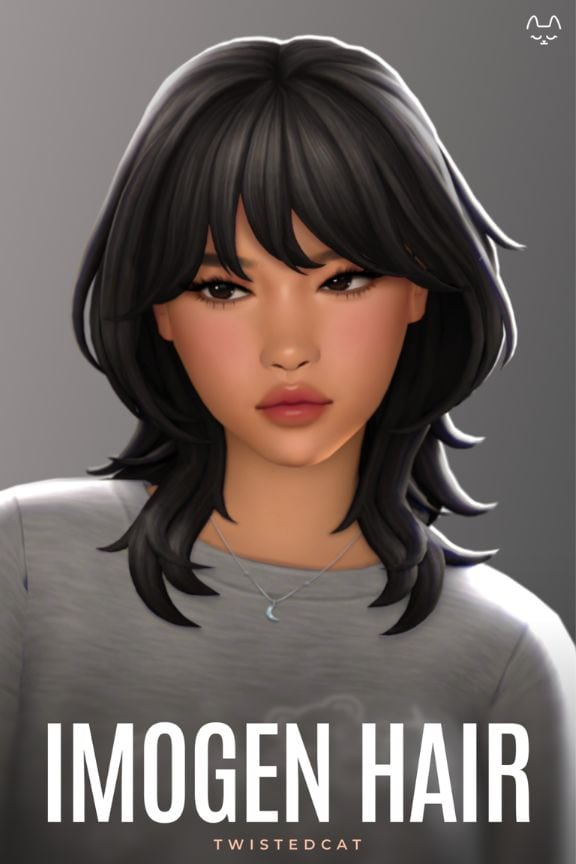 female Sim with a black shoulder-length layered hairstyle with bangs