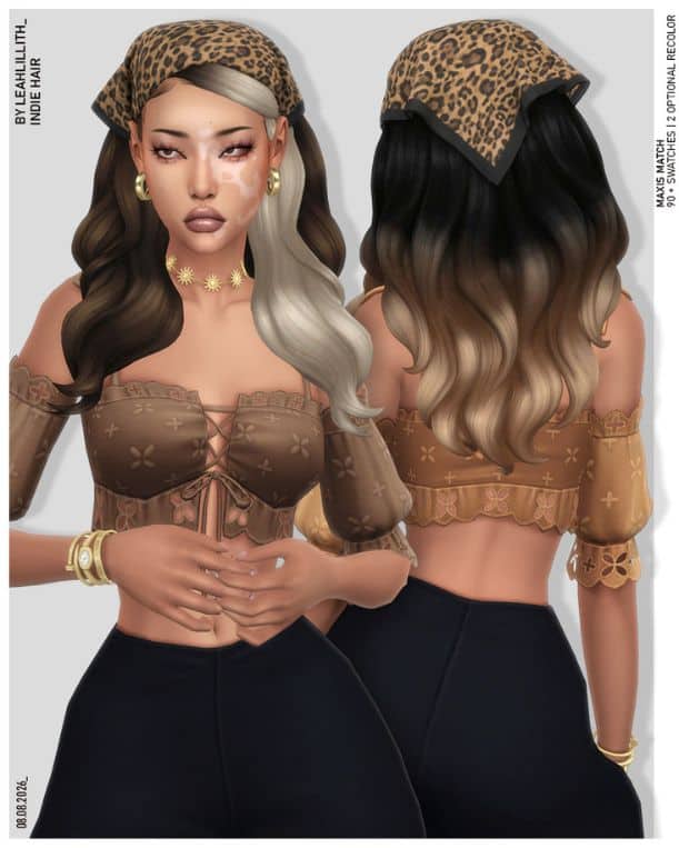 female Sims with multi-tone wavy hair and a bandana
