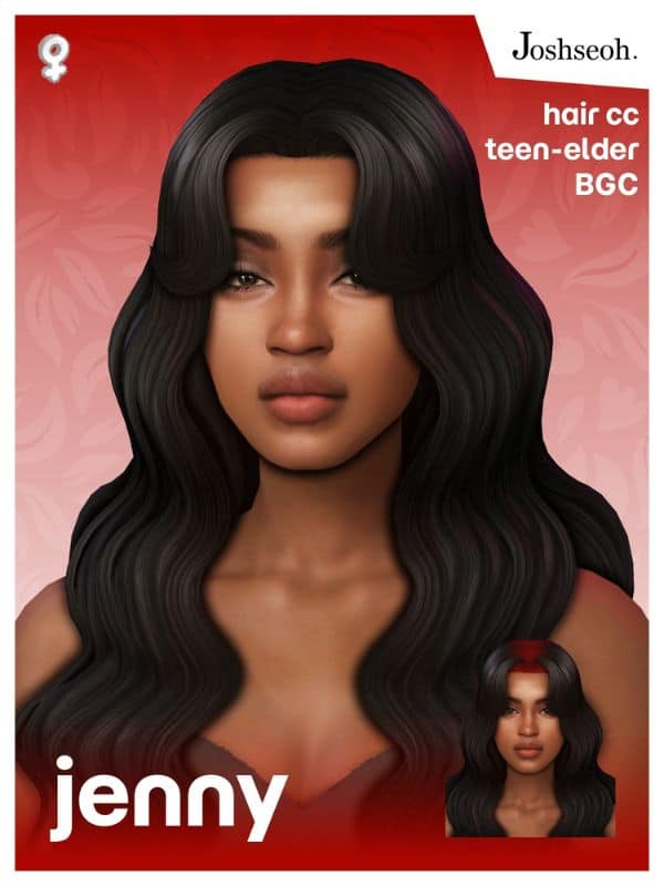 female Sim with dark wavy hair and curtain bangs