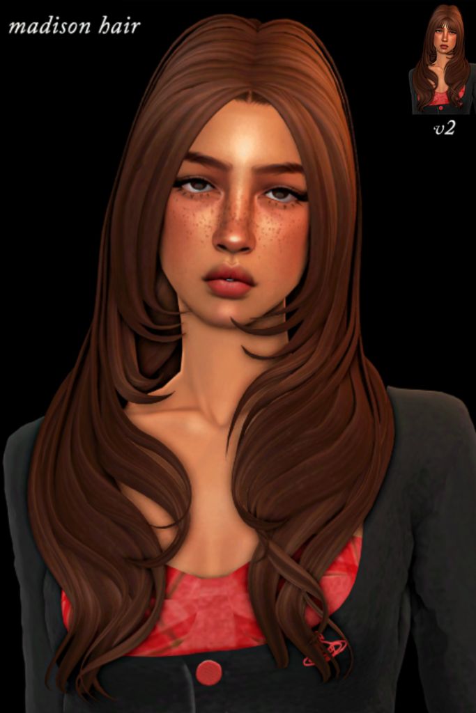 female Sim with long wavy hair with a center part, voluminous layers, curled ends, and face-framing pieces.