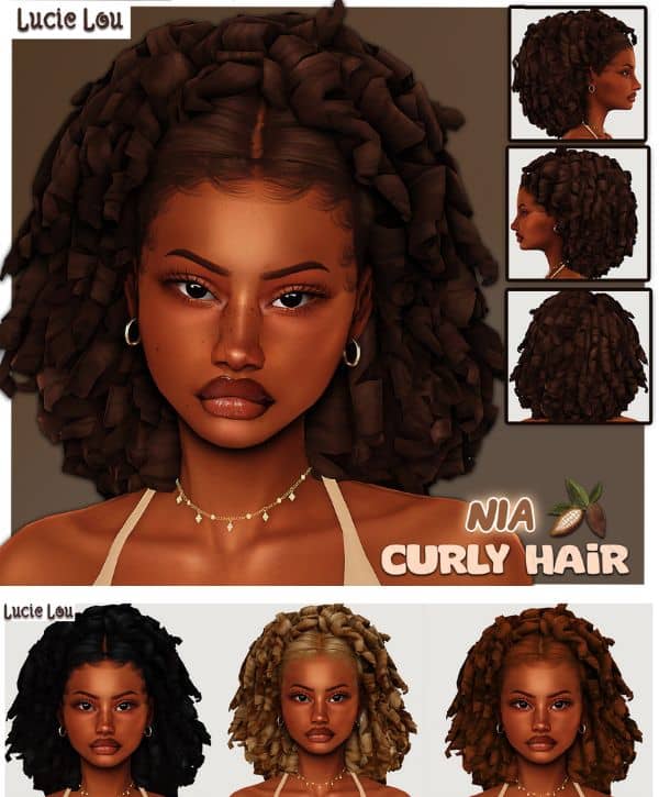 Black female Sims with curly hair and laid baby hairs