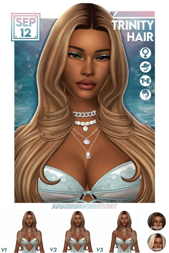 female Sim with a long smooth hairstyle with flipped out ends