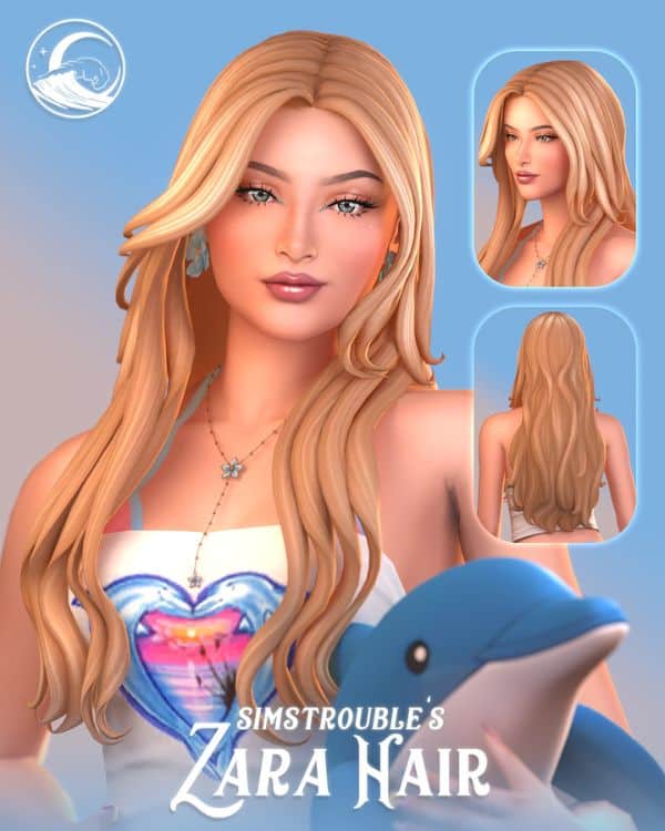 blonde female Sim with long flowing wavy hair