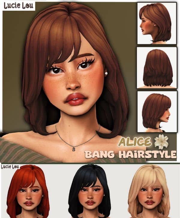 female Sim with a layered bob hairstyle and bangs