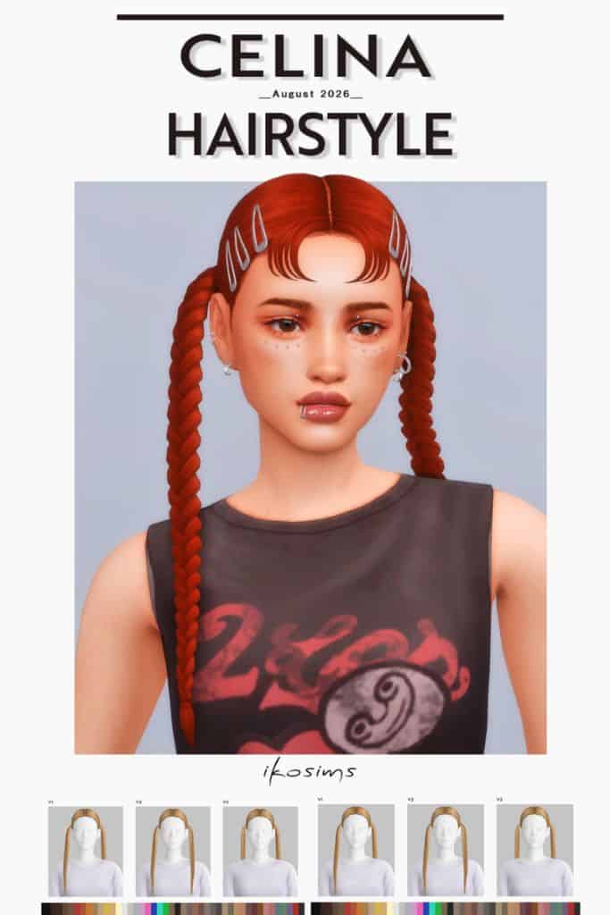 redhead female Sim with two braids, micro bangs and hair clips