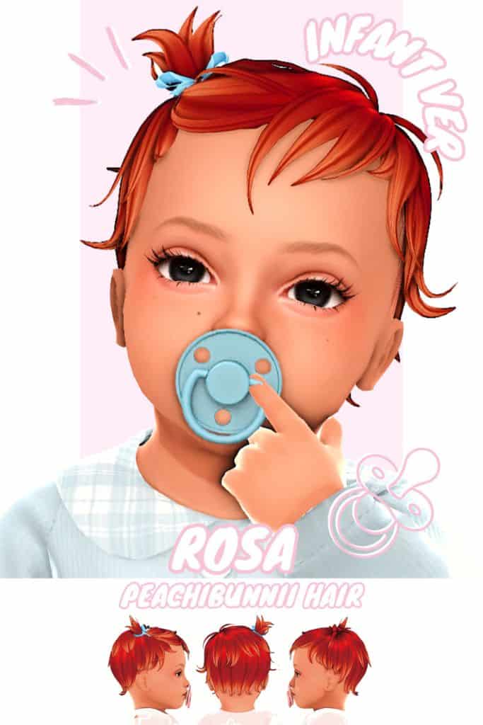 infant Sim with short red hair and a blue bow