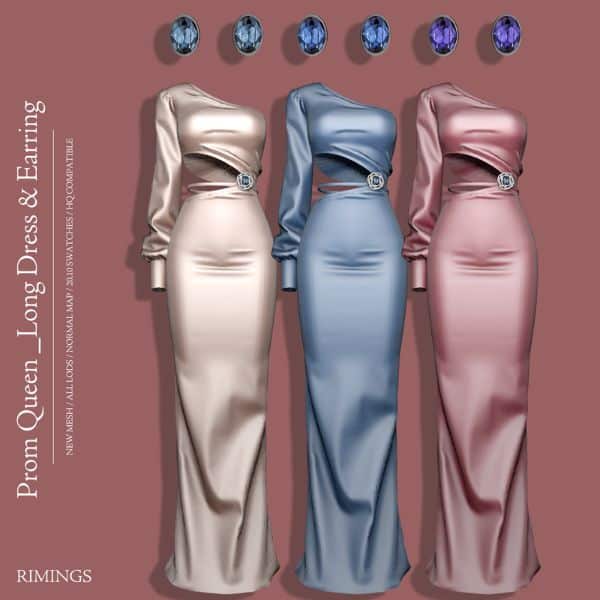 collage of pastel floor-length dresses with matching earrings