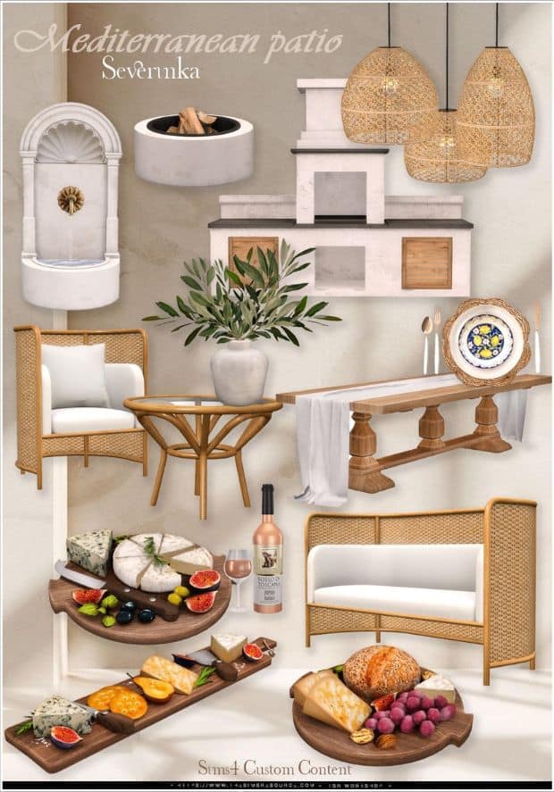 collage of Mediterranean-themed patio furniture and decor pieces