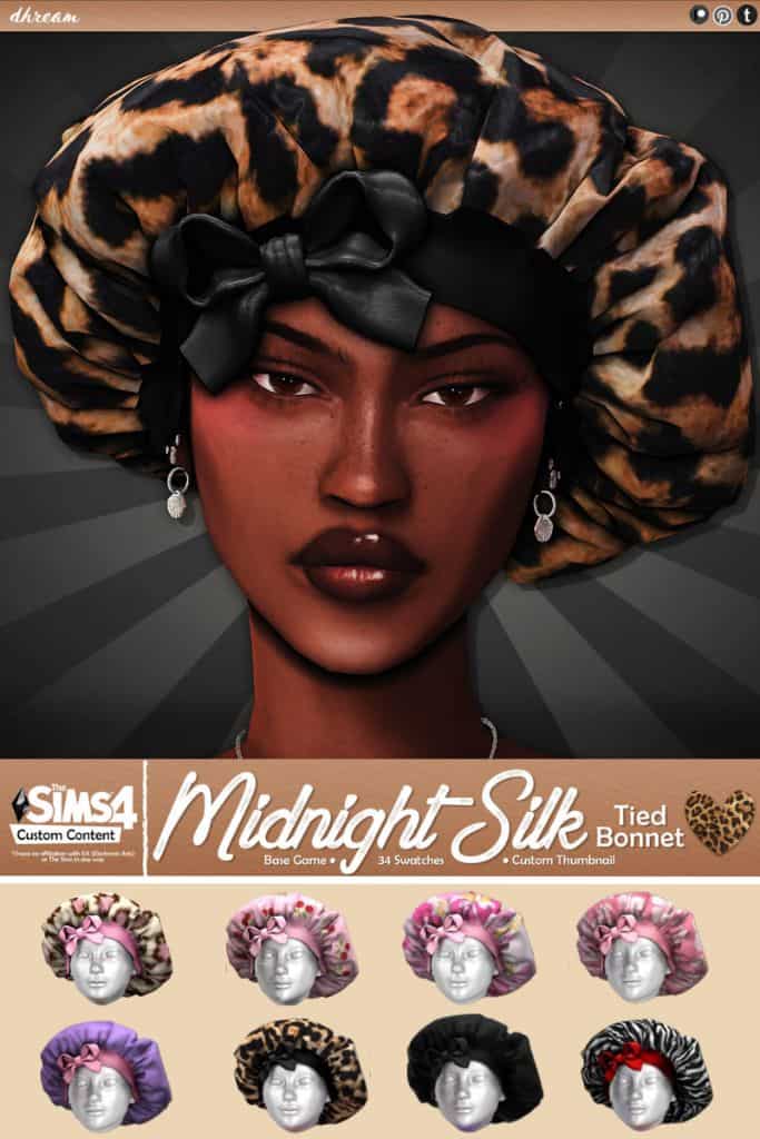 black female Sim wearing a leopard bonnet with a front bow tie