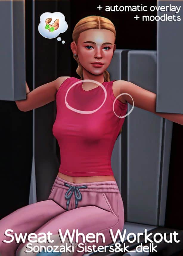 female Sim with sweat stains and moodlet bumble