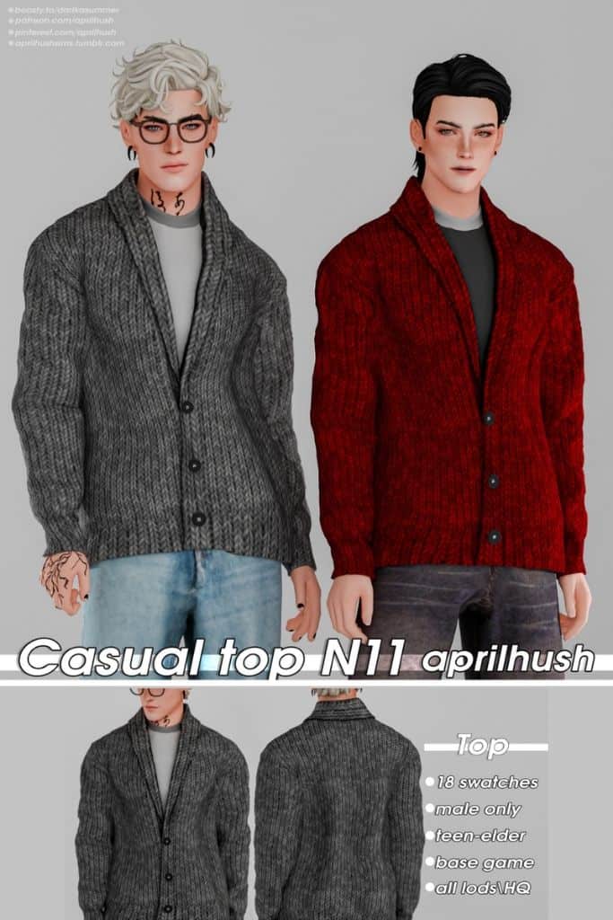 male Sims wearing casual buttoned cardigans layered over a casual top