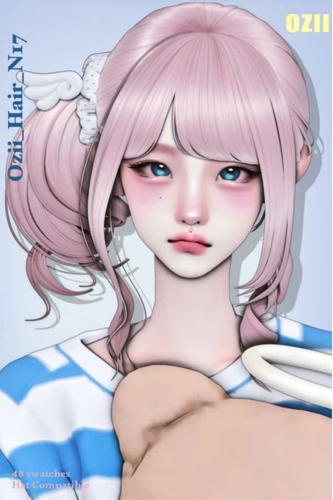 female Sim with a lilac-colored side ponytail, scrunchie and bangs