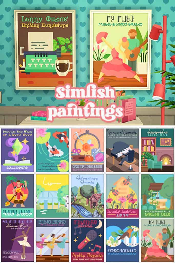 collage of various paintings with Simlish font