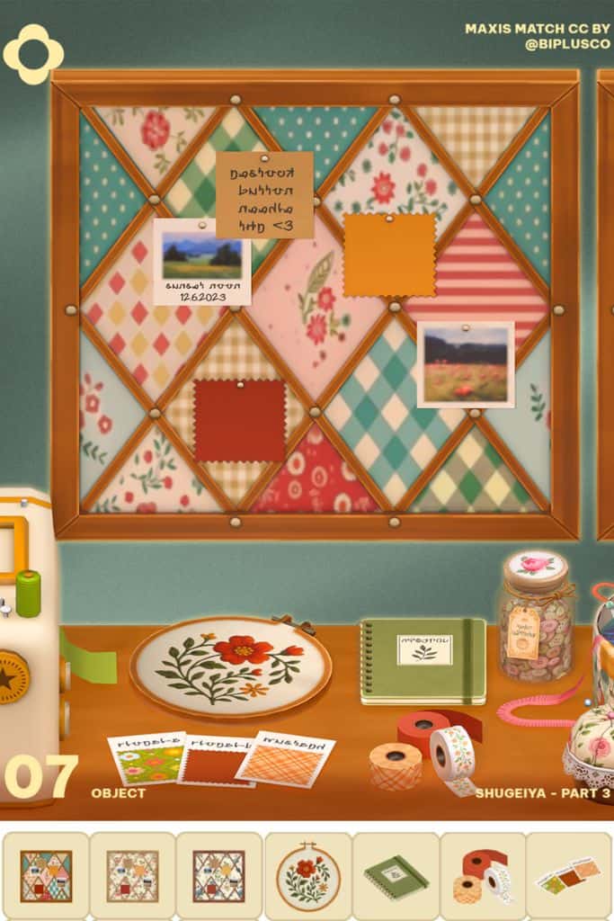 patchwork memory board, embroidery hoop and clutter