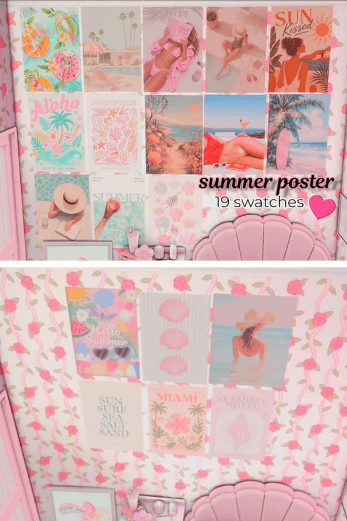 a bedroom with summer-themed posters on the wall