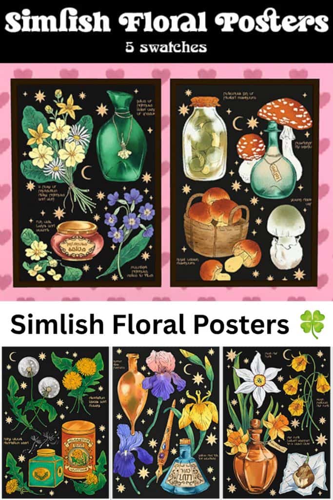 collage of Simlish floral posters