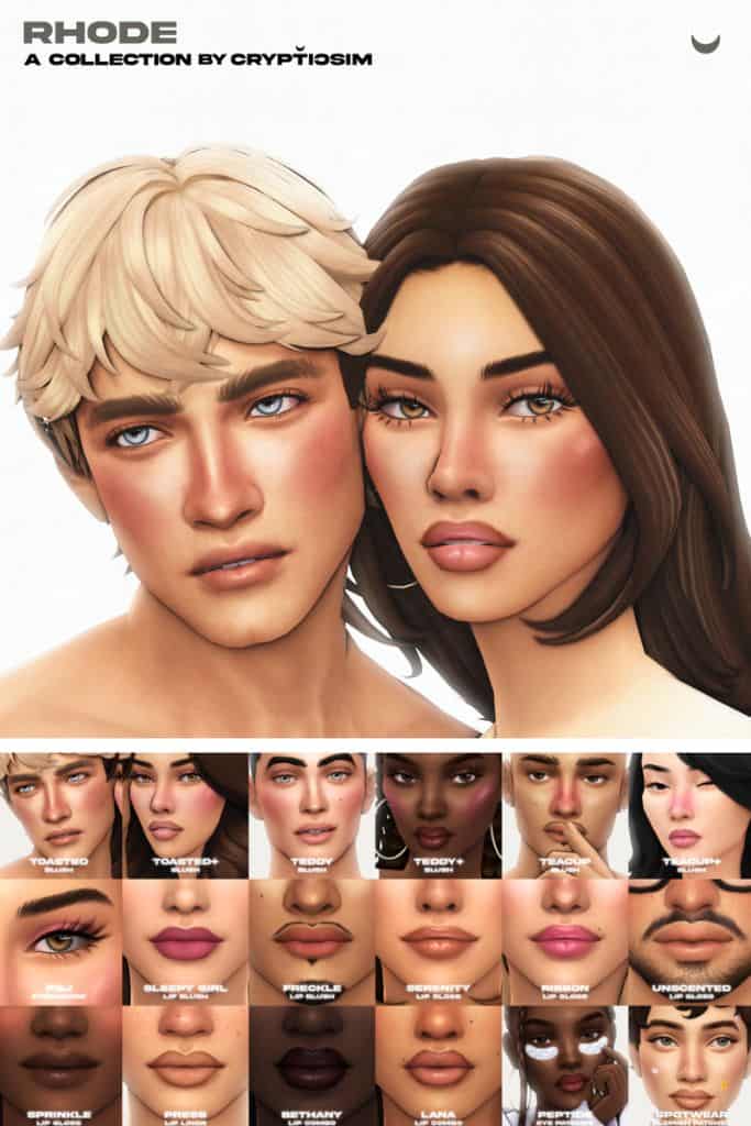 male and female Sims wearing makeup and skin products