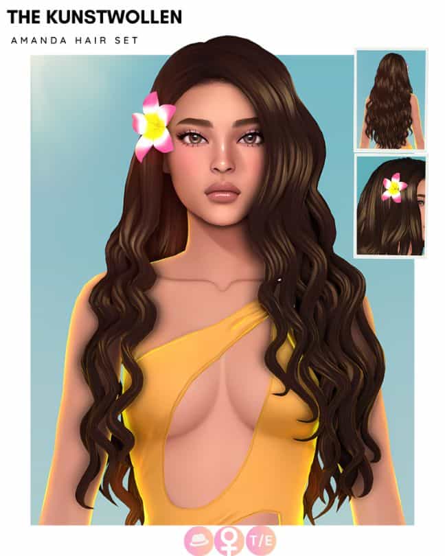 female Sim with long wavy hair with a flower near one ear