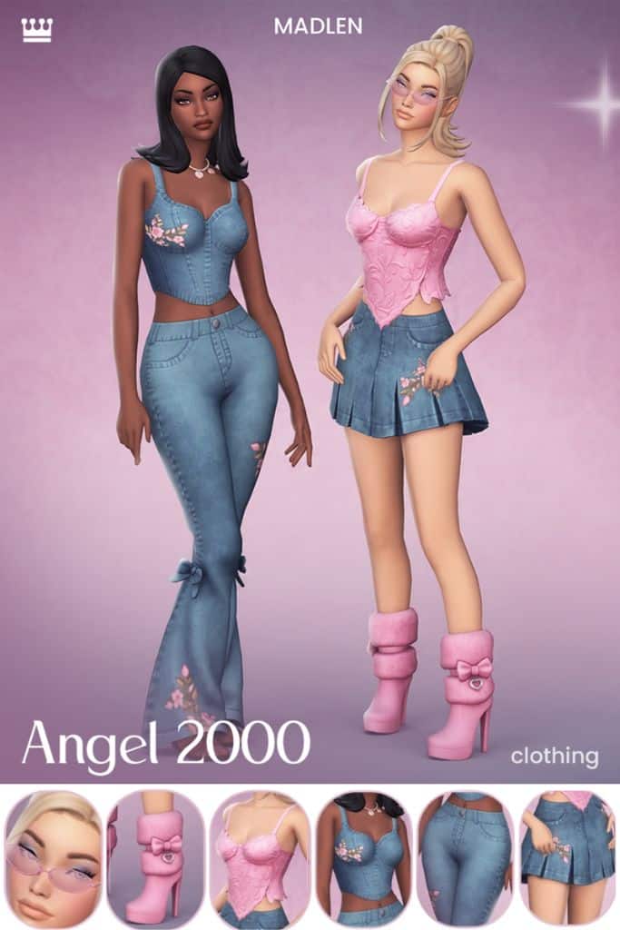two female Sims wearing Y2K-inspired denim pieces