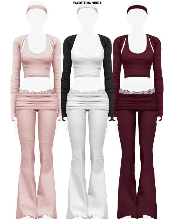 mannequins wearing headbands, cropped layered tops and lace-trimmed flared pants