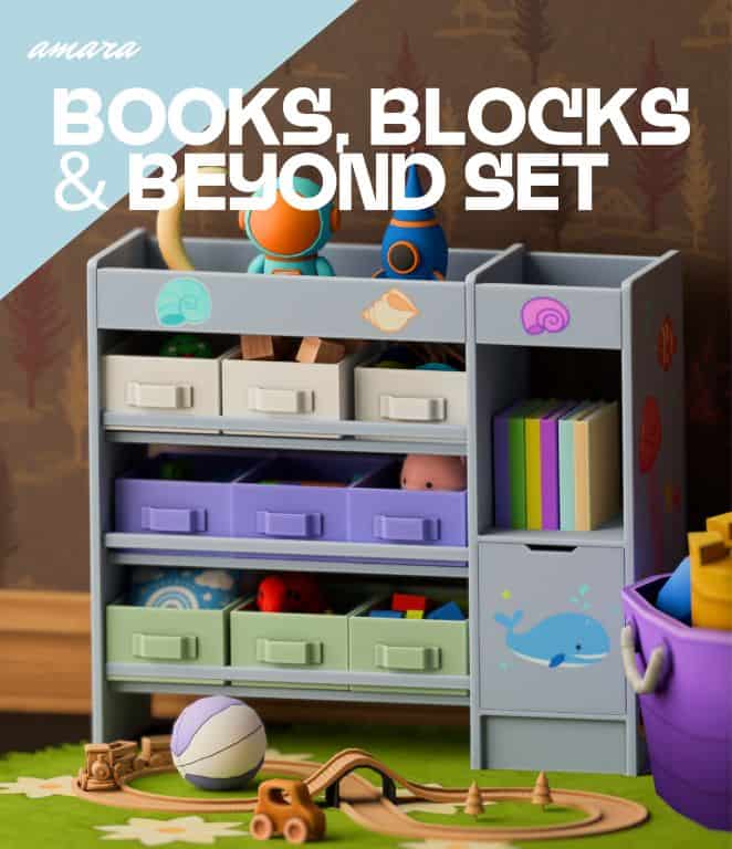 a kids storage unit with books, blocks and more
