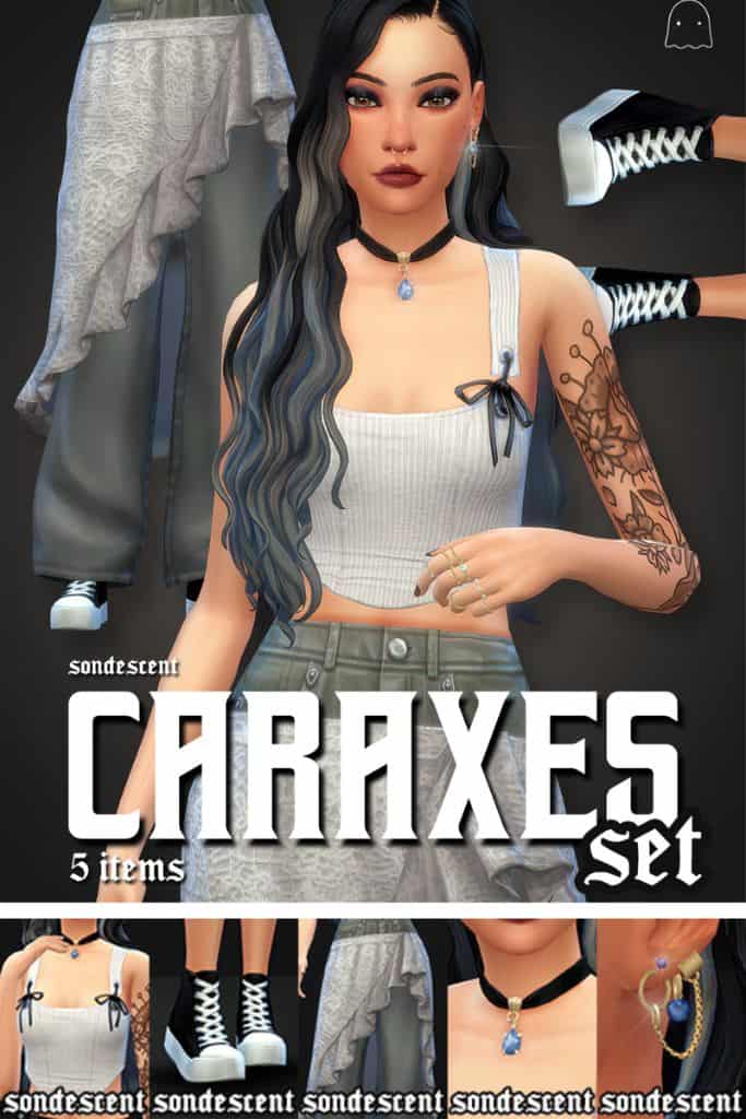 female Sim wearing a cropped top with a bow, jeans, mixed jewelry and trainers