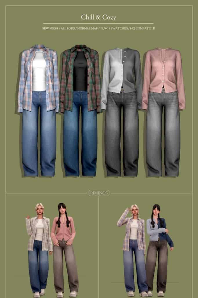 female Sim wearing casual long-sleeve tops and loose-fit jeans
