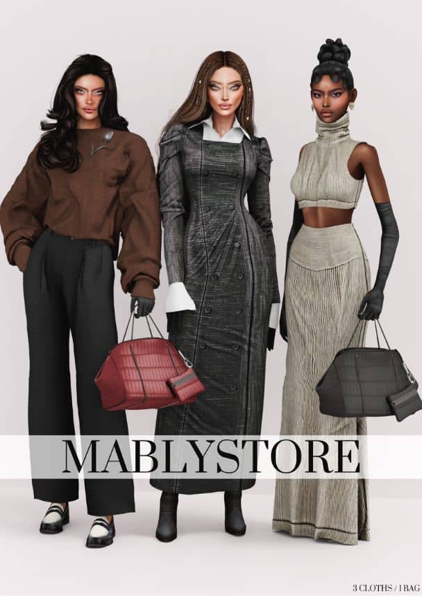 three female Sims wearing chic outfits with weekender suitcases