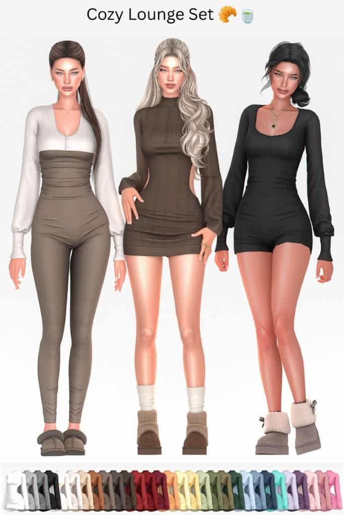 three female Sims wearing cozy lounge sets