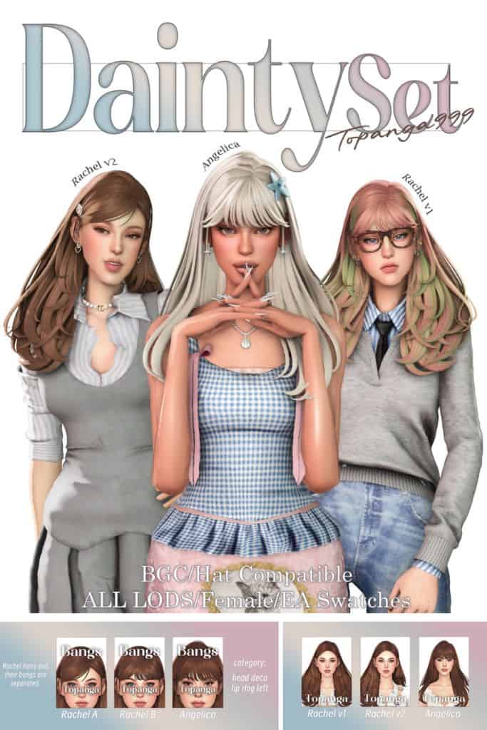 three female Sims with different layered hairstyles and bangs