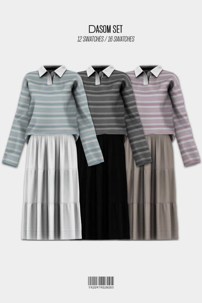 collage of collared striped tops with three-quarter length pleated skirts