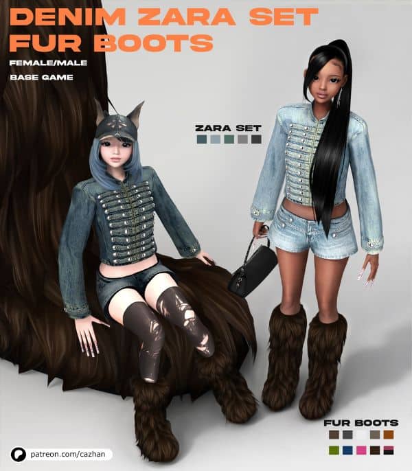 female Sims wearing denim outfits with fur boots
