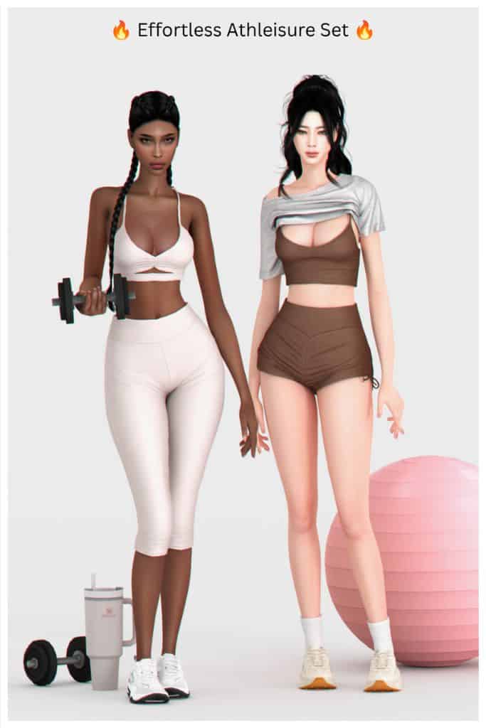 two female Sims wearing aesthetic athleisure sets