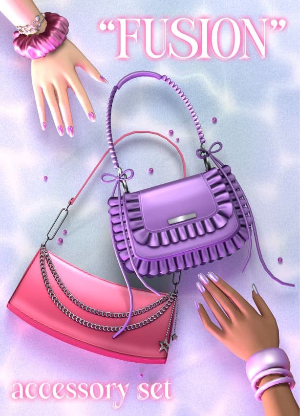 close up of bags, nails, scrunchie and bracelet
