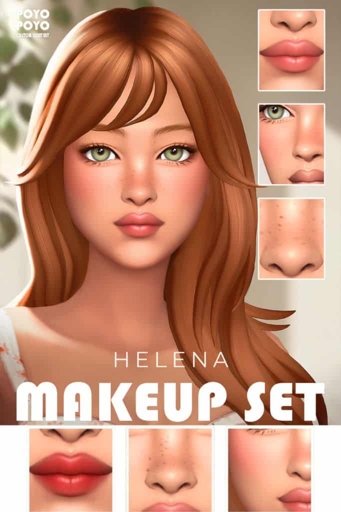 female Sim wearing rosy blush, lipstick and freckles across their nose