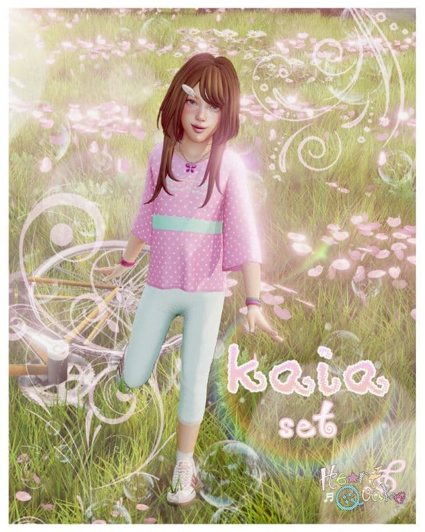 female child Sim wearing a pink long-sleeve top and light blue capris