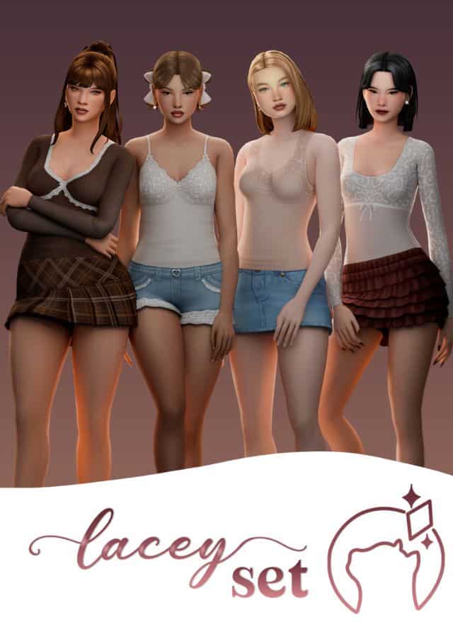 four female Sims wearing different tops with lace details