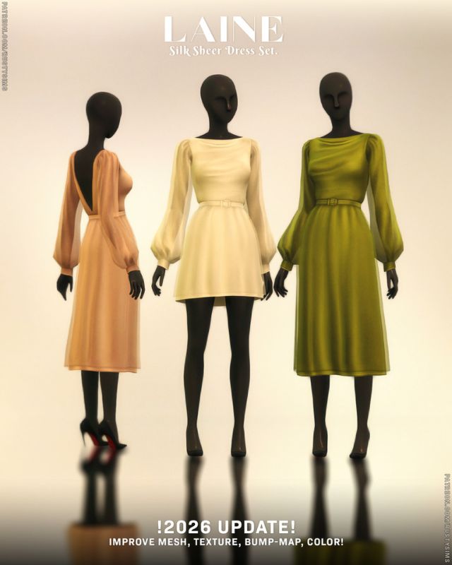 three mannequin wearing silk flowy dresses