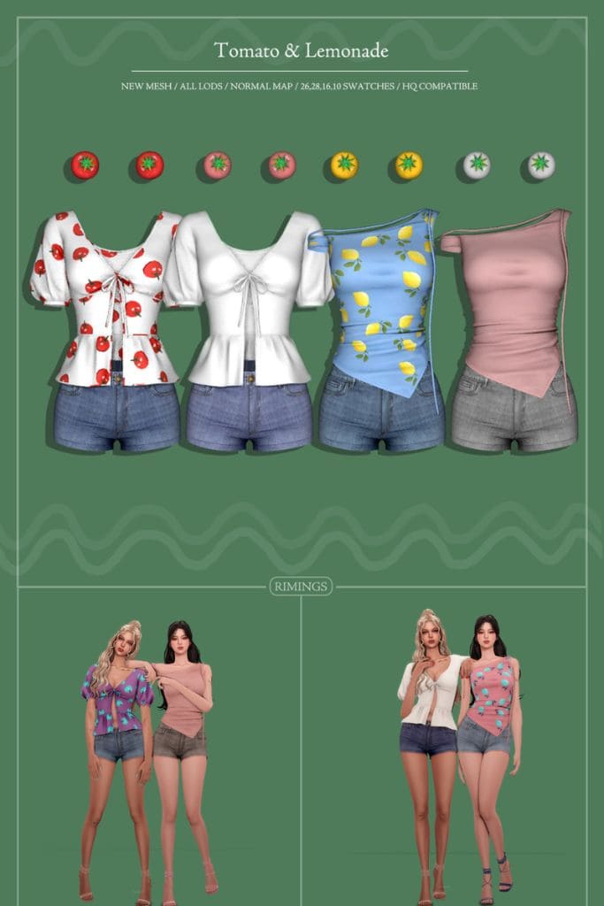 Female Sims wearing clothes with tomato and lemon patterns