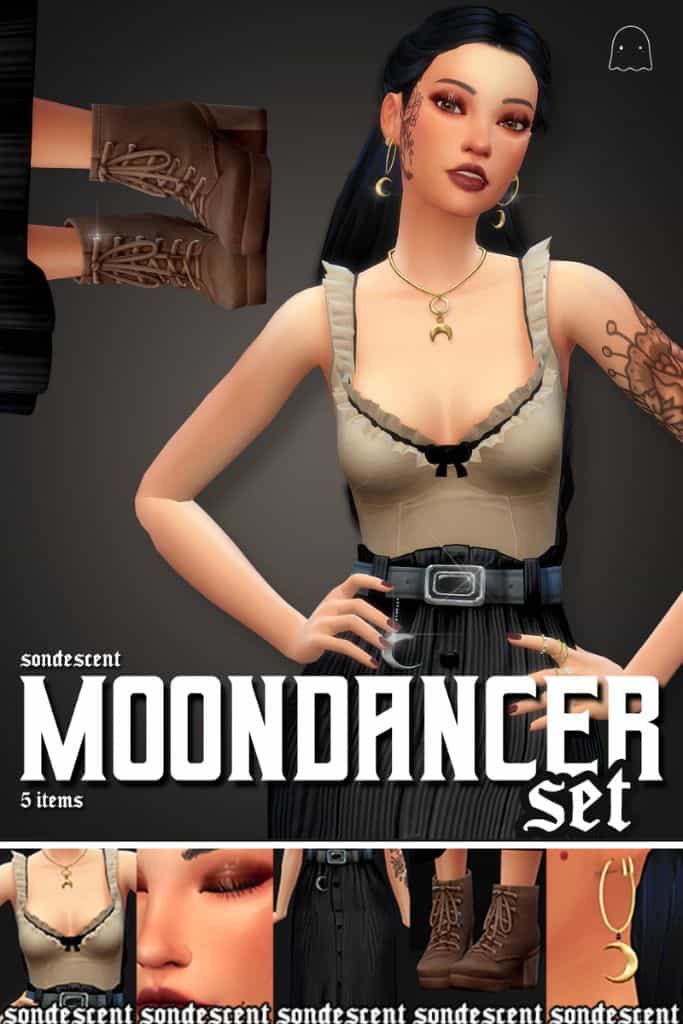female Sim wearing a top, skirt, and moon-themed accessories