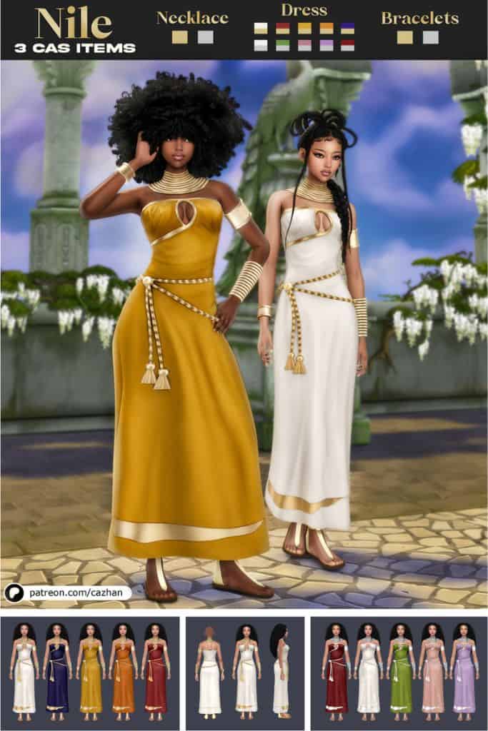 two female Sims wearing Egyptian-inspired outfits