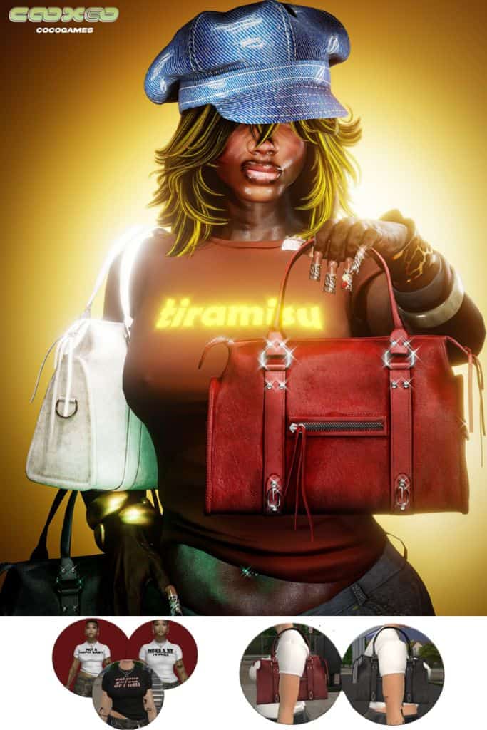 black female Sim holding handbags and wearing a graphic tee