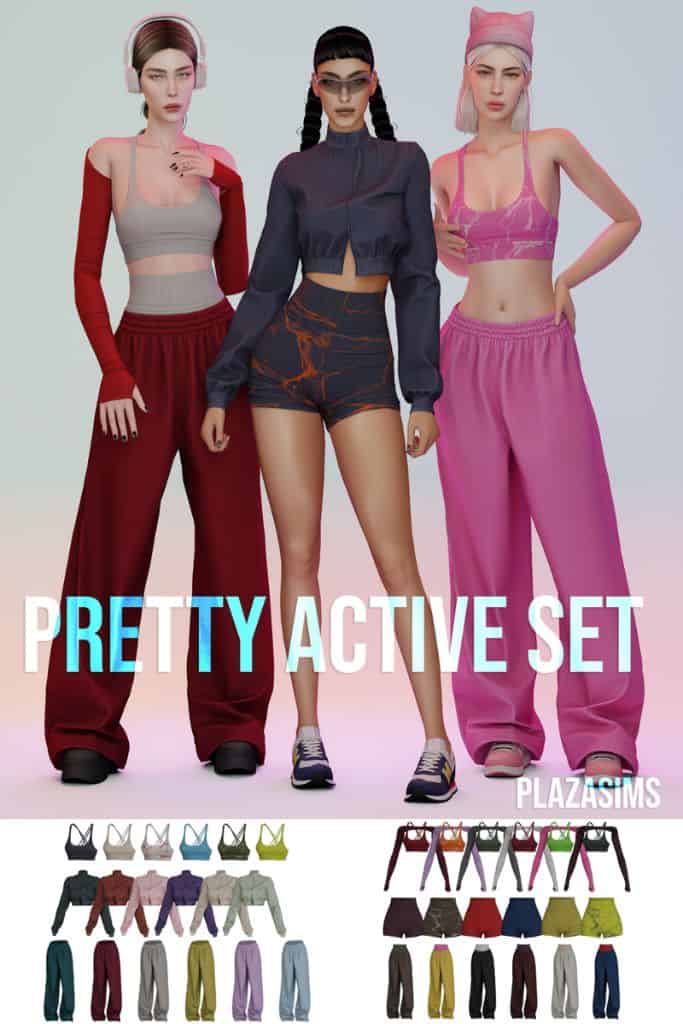 three female Sims wearing different activewear outfits