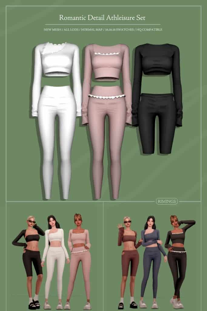 female Sim wearing long sleeve athleisure crop tops and matching bottoms