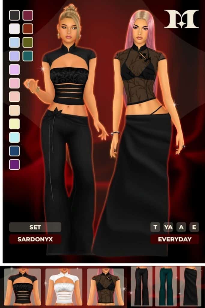 female Sims wearing black crops tops with pants and a skirt